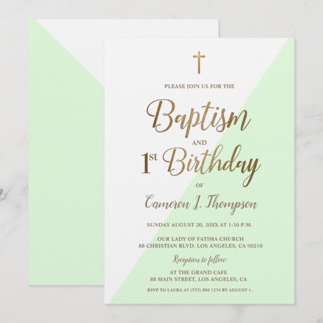 Convite Primeiro aniversario de batismo Dourado Verde (Frente/Verso)