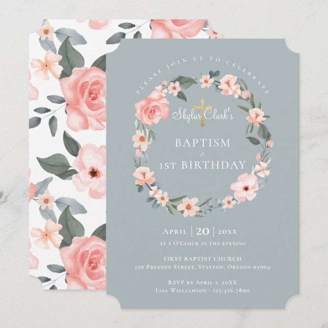 Convite Primeiro aniversario de Batismo Floral de Rosa de  (Frente/Verso)