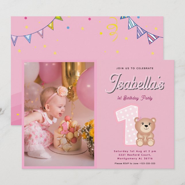 Convite Primeiro aniversario de Bear Bear Bear Rosa (Frente/Verso)