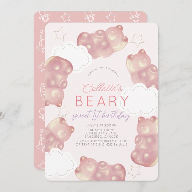 Convite Primeiro aniversario de Bear Gummy Bear Rosa (Frente/Verso)