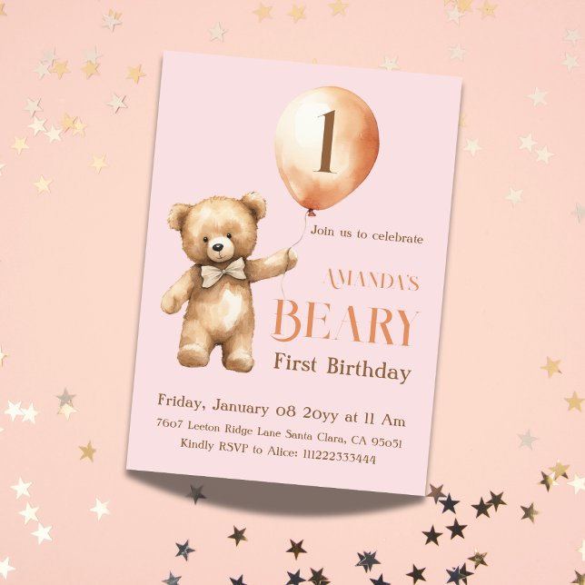 Convite Primeiro aniversario de Beary Bear Rosa Minimalist (Criador carregado)