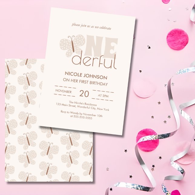 Convite Primeiro aniversario de Bebê-Borboleta Retro Boho (Criador carregado)