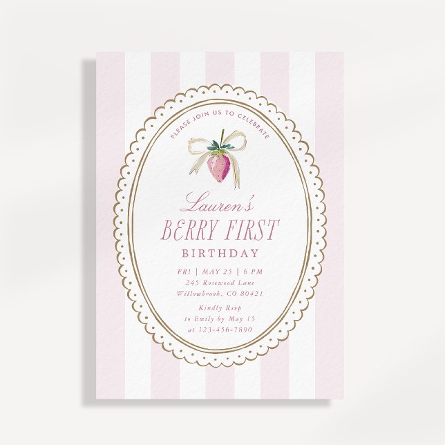 Convite Primeiro Aniversário de Berry Morango Arco Listra  (Criador carregado)
