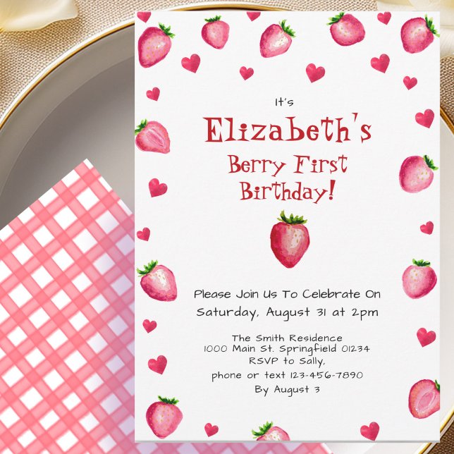 Convite Primeiro Aniversário de Berry Morango Verão Xadrez (Criador carregado)