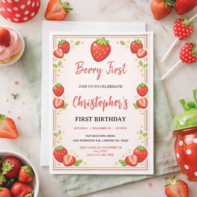 Convite Primeiro Aniversário de Berry | Primeiro Aniversár (Berry First Birthday | Strawberry 1st Birthday Invitation)