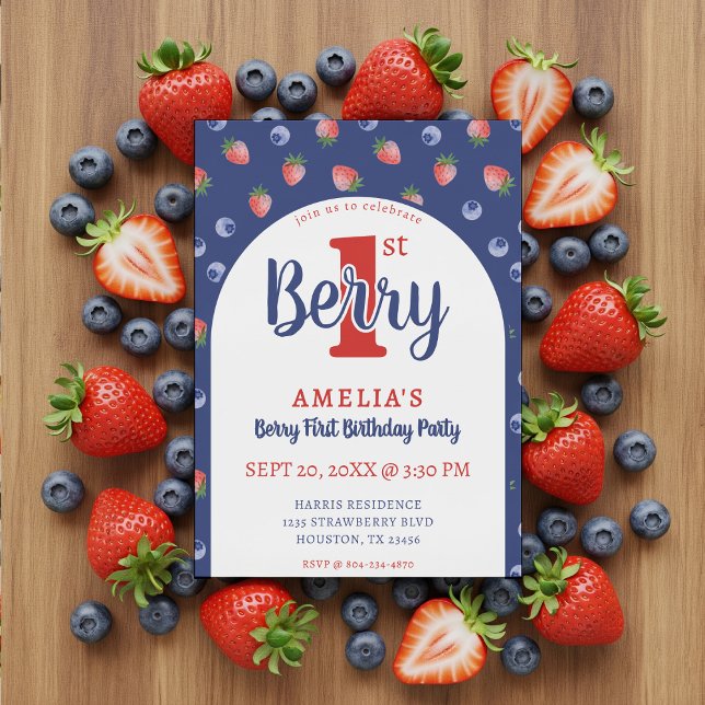 Convite Primeiro aniversario de Berry Strawberry Blueberry (Berry 1st Birthday Party Strawberry Blueberry Blue Invitation
)