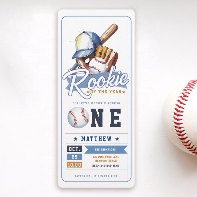 Convite Primeiro aniversario de Bilhete de Beisebol Rookie (rookie of the year 1st birthday invite boy baseball theme sports ticket blue brown card)