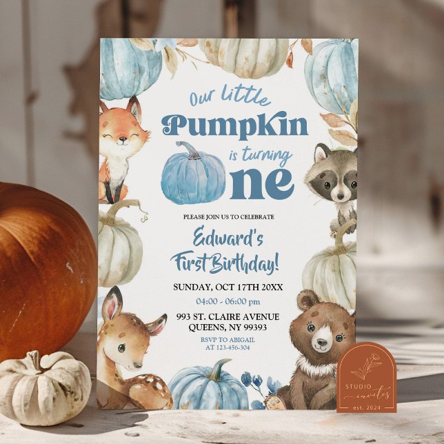 Convite Primeiro aniversario de Boho Pumpkin Blue Woodland (Criador carregado)