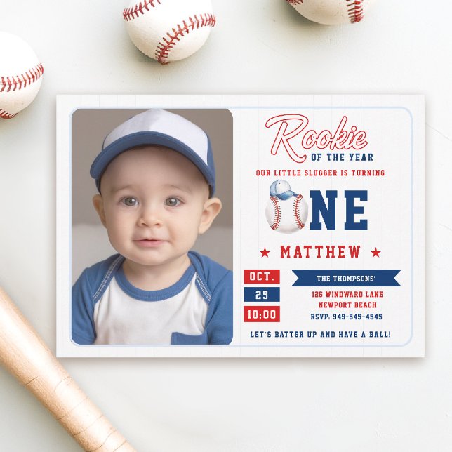 Convite Primeiro aniversario de Boné de Baseball Rookie St (rookie of the year 1st birthday invite boy baseball theme sports all star red blue stripes photo)