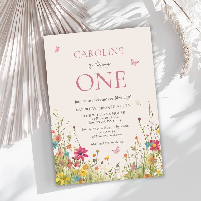 Convite Primeiro aniversario de Borboleta de Flor Selvagem (Criador carregado)