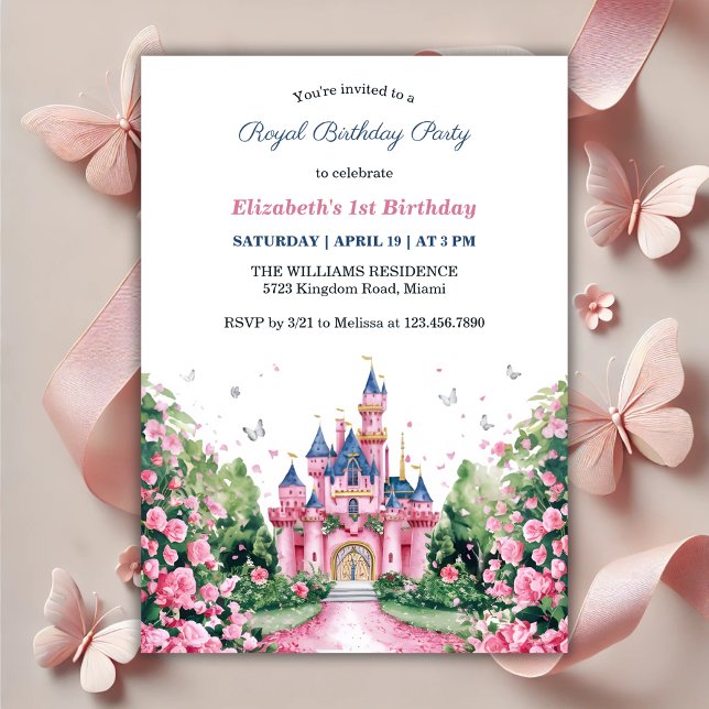 Convite Primeiro aniversario de Borboletas da Princesa Rea (Magical Royal Princess Butterflies 1st Birthday Invitation)