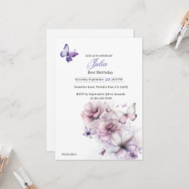 Convite Primeiro aniversario de borboletas de flores silve