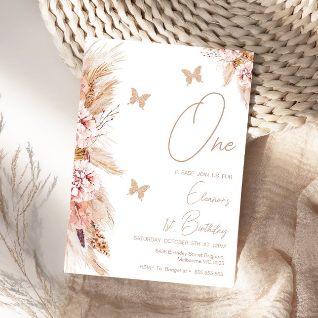 Convite Primeiro aniversario De Borboletas E Borboletas Ro (Girls Boho Floral 1st Birthday Invitation Butterfly Butterflies First Birthday Invitation Girl)