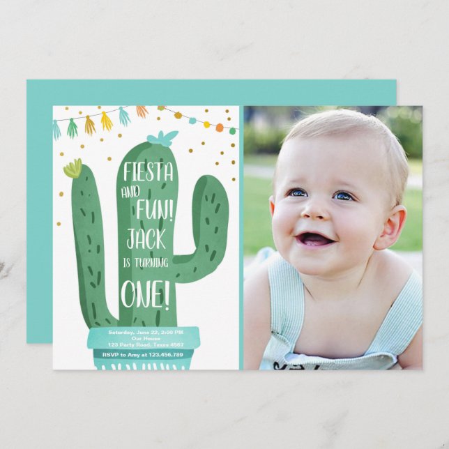 Convite primeiro aniversario de Cactus Azul Fiesta e Fun B (Frente/Verso)