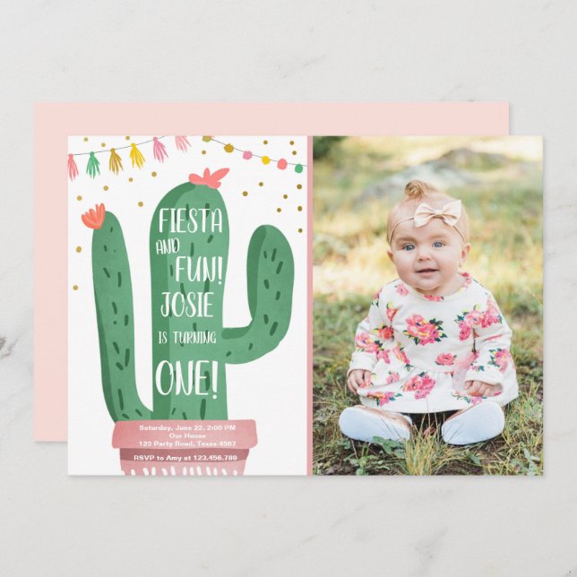 Convite Primeiro aniversario de Cactus Rosa-Rosa Fiesta e  (Frente/Verso)