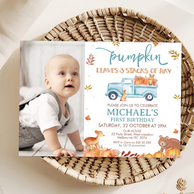 Convite Primeiro aniversario de Caminhão Russo Blue Pumpki (Fall Pumpkin Truck First Birthday Invitation Template Printable Pumpkins Leaves and Stacks Hay )