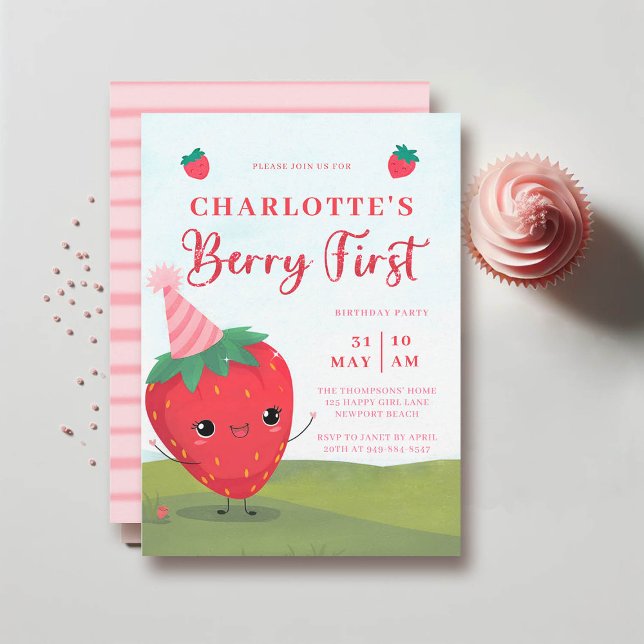 Convite Primeiro aniversario de Caractere de Morango de Be (girl berry first birthday party invitation cute watercolor strawberry character)
