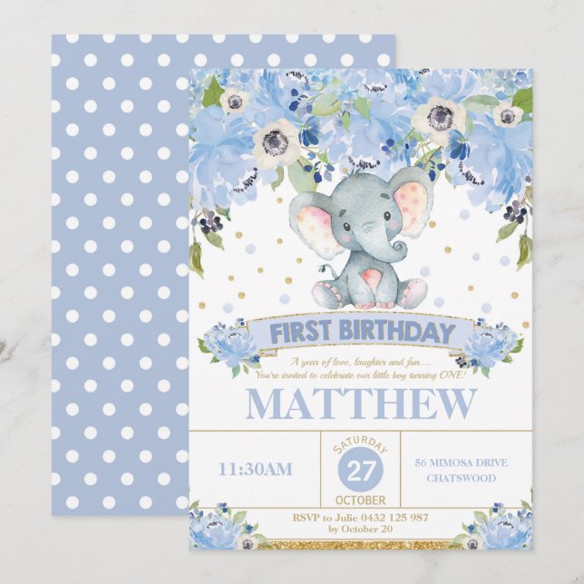 Convite primeiro aniversario de chamada de elefante bonito (Frente/Verso)