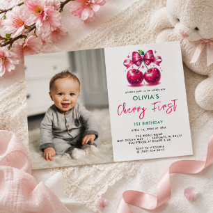 Convite Primeiro aniversario de Cherry Coquette Watercolor