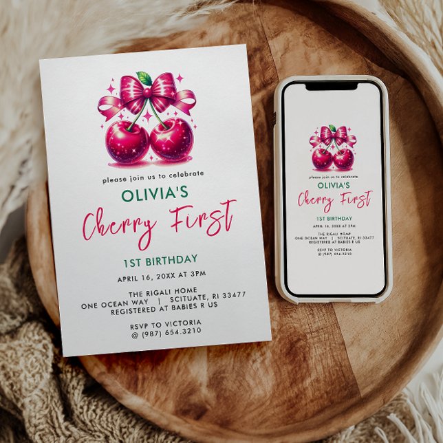 Convite Primeiro aniversario de Cherry Coquette Watercolor (Criador carregado)