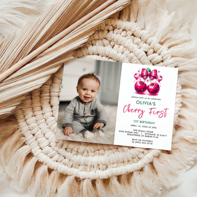 Convite Primeiro aniversario de Cherry Coquette Watercolor (Criador carregado)