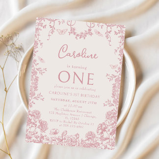 Convite Primeiro aniversario de Chinoiserie Floral Rosa