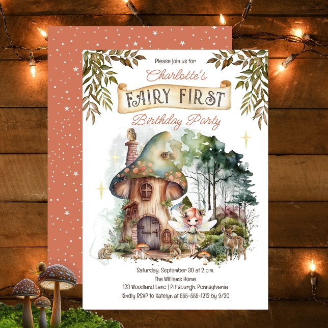Convite Primeiro aniversario De Cogumelo De Primeira Madei (Fairy First Woodland Animals Mushrooms Girl's 1st Birthday Party Invitation)