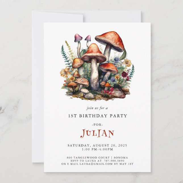 Convite Primeiro aniversario de Cogumelos Woodland (Frente)
