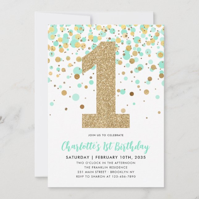 Convite Primeiro aniversario de Confetti Dourado Glitter V (Frente)