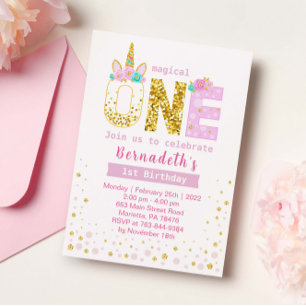 Convite Primeiro aniversario de Confetti Unicórnio Dourado