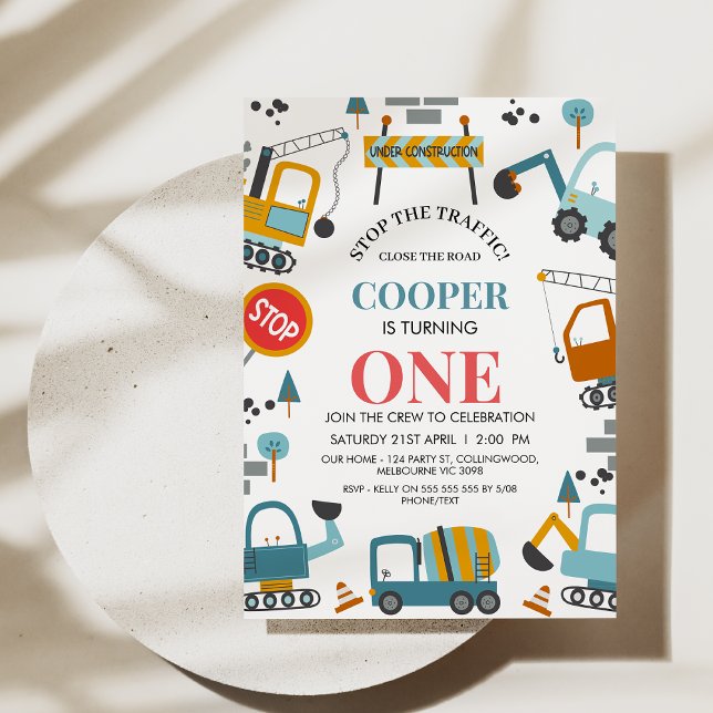 Convite Primeiro aniversario de Construção de Menino Multi (Construction 1st Birthday Invitation Template, Multicolored Stop The Traffic Construction Invitation)