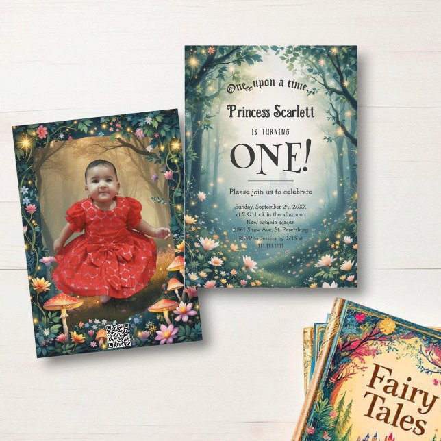 Convite Primeiro aniversario de conto de fadas de floresta (Criador carregado)
