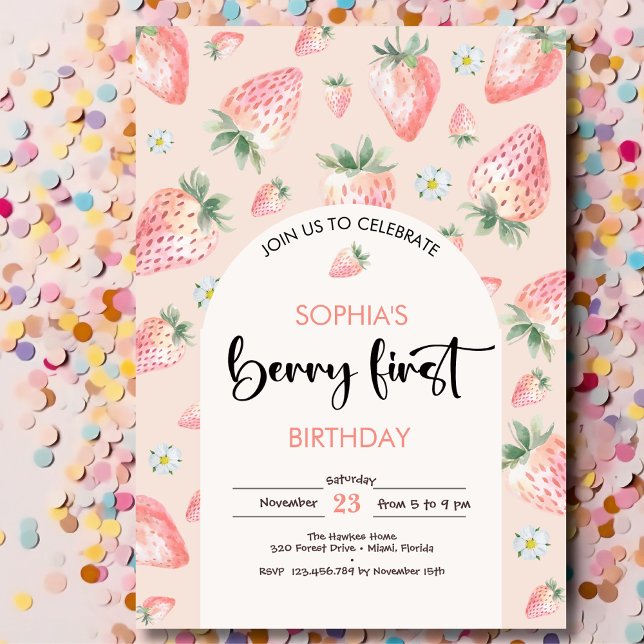Convite Primeiro aniversário de criança de morango (Criador carregado)