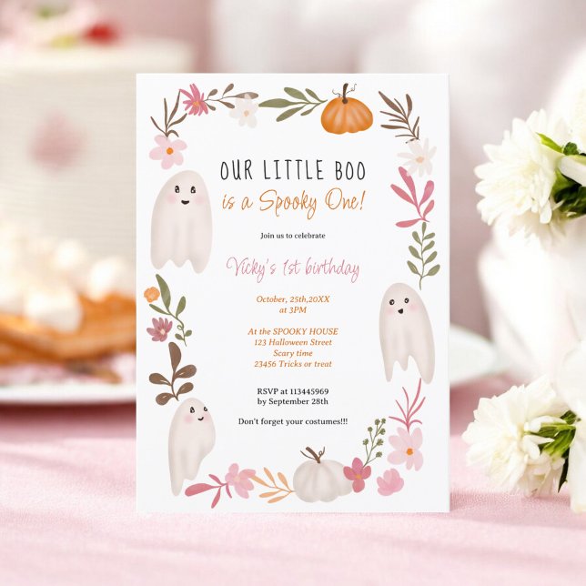 Convite Primeiro aniversario de crianças bonitinhas, fanta (Halloween little boo Ghosts Cute kids 1st birthday Invitation)