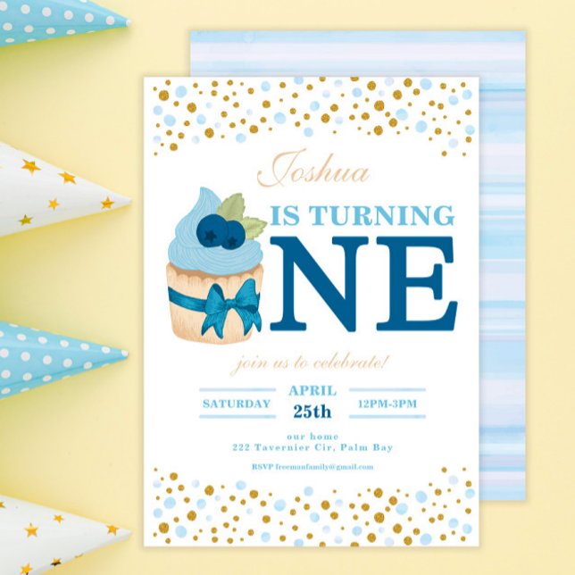 Convite Primeiro aniversario de Cupcake Blueberry doce Spr (Criador carregado)