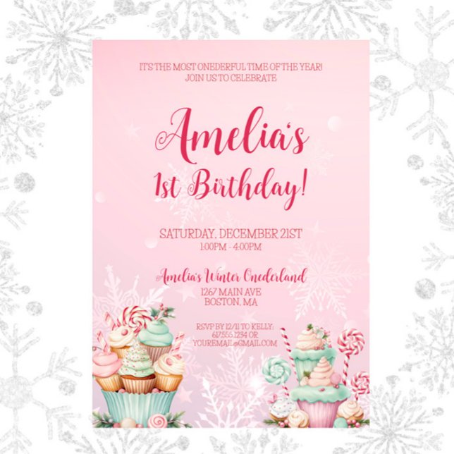 Convite Primeiro aniversario de Cupcake de Onederland, de  (Pink Christmas Winter Onederland Cupcake 1st Birthday Invitation, Onederful Time of the Year)