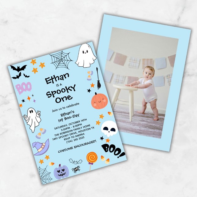 Convite Primeiro aniversario de Dia das Bruxas Azul, Uma F (Blue Spooky One Cute Photo Halloween 1st Birthday Invitation )