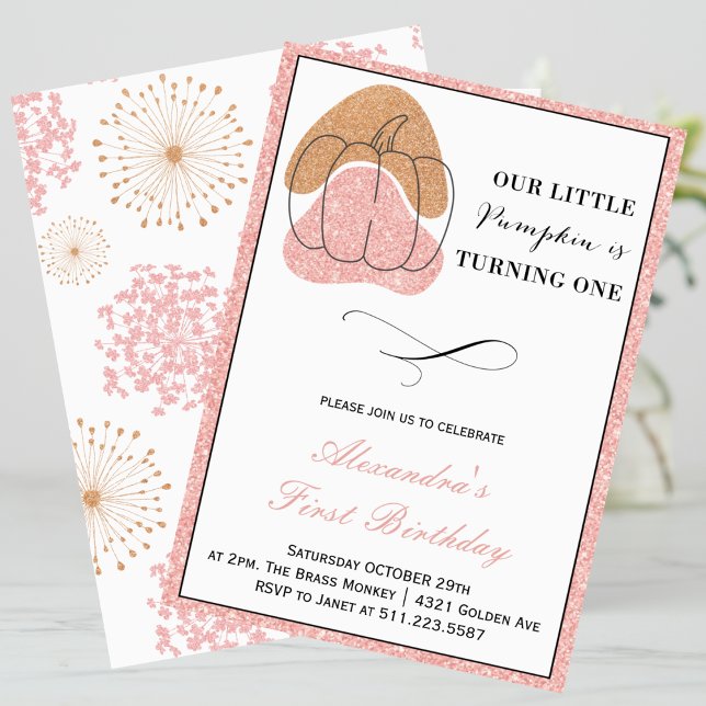 Convite Primeiro aniversario de Dia das Bruxas de Abóbora  (Halloween-1st-Birthday-Invitation-Pink-Girl-Fall-Pumpkin-1)