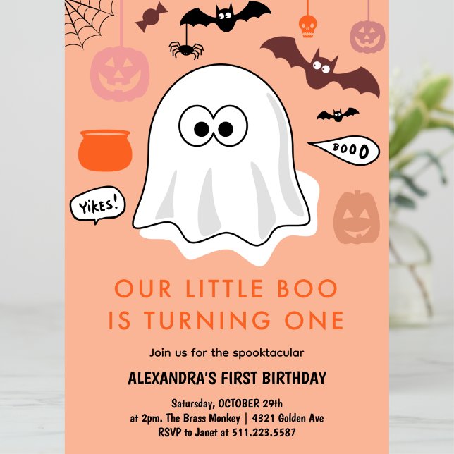 Convite Primeiro aniversario de Dia das Bruxas de Laranja  (Halloween-1st-birthday-Invitation-ghost-girl-orange-1)