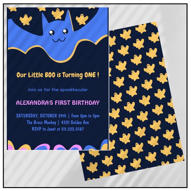 Convite Primeiro aniversario de Dia das Bruxas do Pequeno  (Halloween-1st-Birthday-Invitation-Ghost-Flying-bat-Little-boo-1)