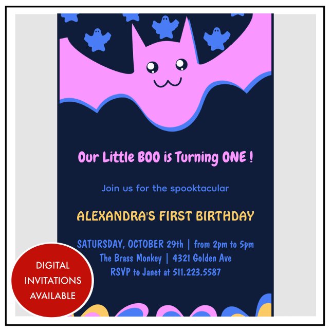 Convite Primeiro aniversario de Dia das Bruxas do Pequeno  (Halloween-1st-Birthday-Invitation-Ghost-Flying-bat-Little-boo-pink-1)