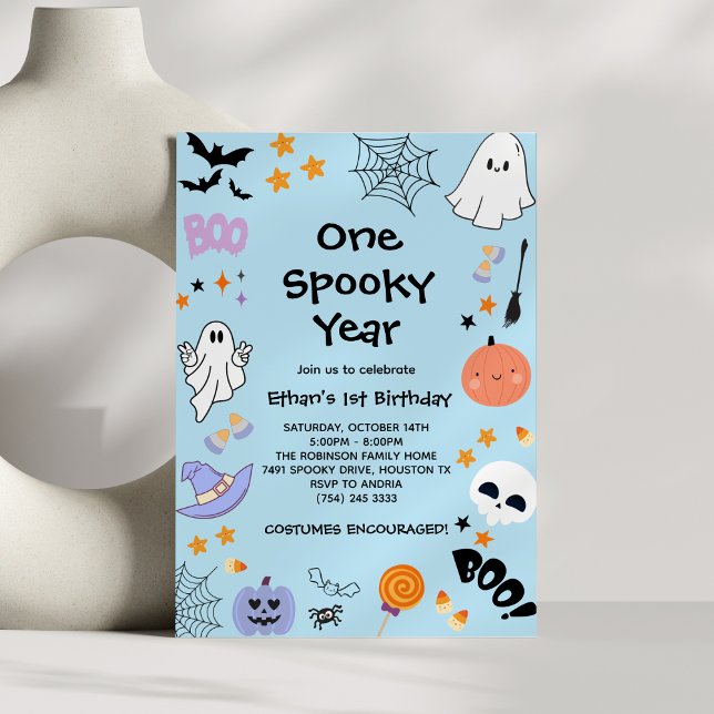 Convite Primeiro aniversario de Dia das Bruxas Fantasmas A (Blue One Spooky Year Ghost Halloween 1st Birthday Invitation )