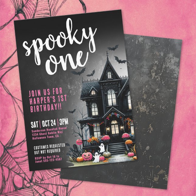 Convite Primeiro aniversario de Dia das Bruxas Rosa (Spooky One Pink Halloween 1st Birthday Invitation)