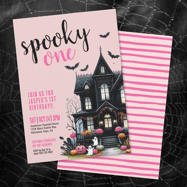 Convite Primeiro aniversario de Dia das Bruxas Rosa (Spooky One Pink Halloween 1st Birthday Invitation)