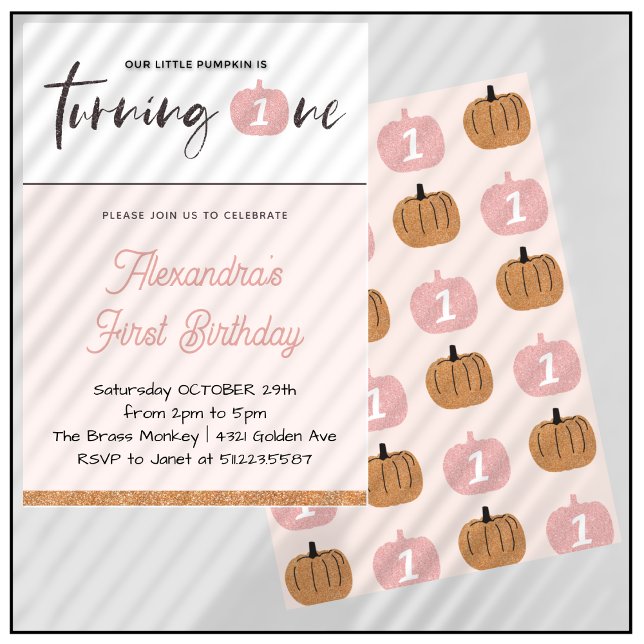 Convite Primeiro aniversario de Dia das Bruxas Rosa-Rosa (Halloween-1st-birthday-Invitation-Pumpkin-Girl-Pink-gold-Glitter-1)