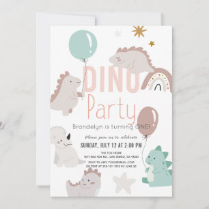 Convite Primeiro aniversario de Dino Party Pink Dinossaur