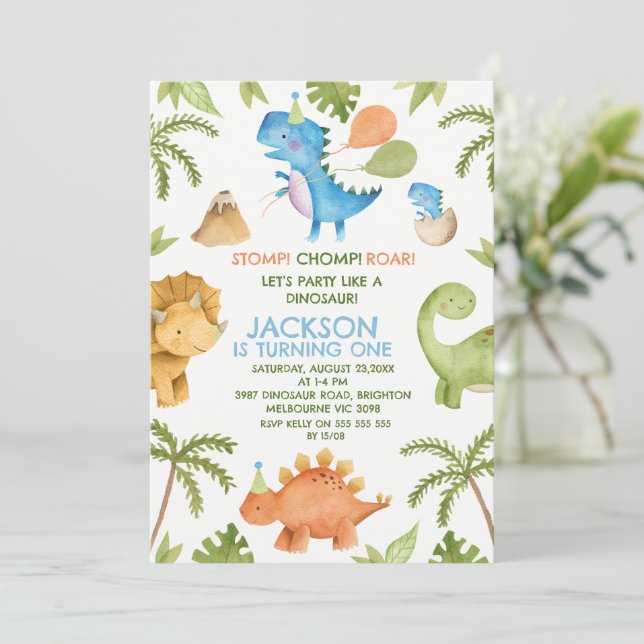 Convite Primeiro aniversario de Dinossauro Colorido do Par (Em pé/Frente)