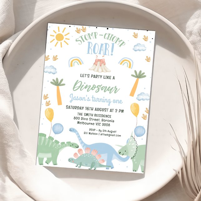 Convite Primeiro aniversario De Dinossauro De Chomp De Cho (Stomp Chomp Roar Party Like A Dinosaur Birthday Invitation Boy, Dinosaur Themed 1st Birthday Invite)