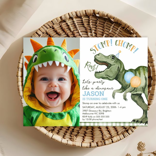 Convite Primeiro aniversario de Dinossauro do Chomp Roar d (Stomp Chomp Roar Dinosaur 1st Birthday Invitation Template, Photo Dino Birthday Invitation Party)