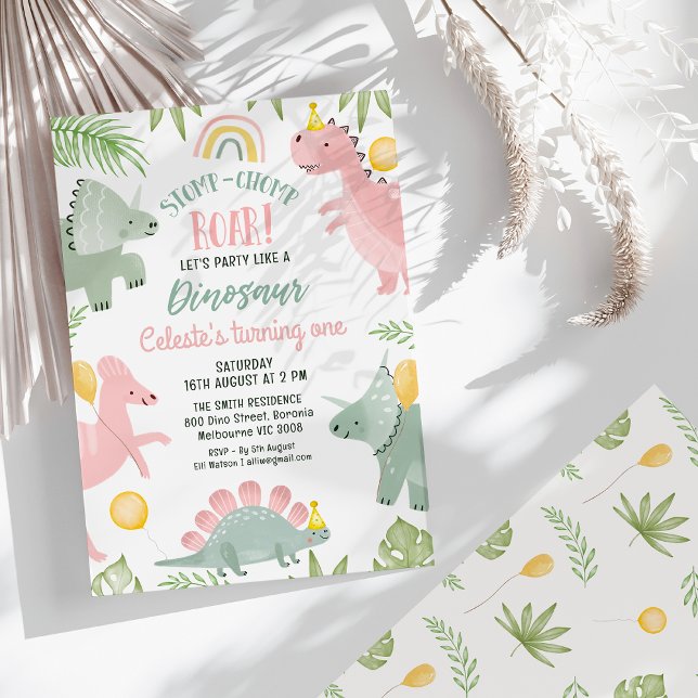 Convite Primeiro aniversario de Dinossauro, Moças Verdes R (Pink Party Like Dinosaur 1st Birthday Invitation Girl, Stomp Chomp Roar Dino Birthday Invitation)
